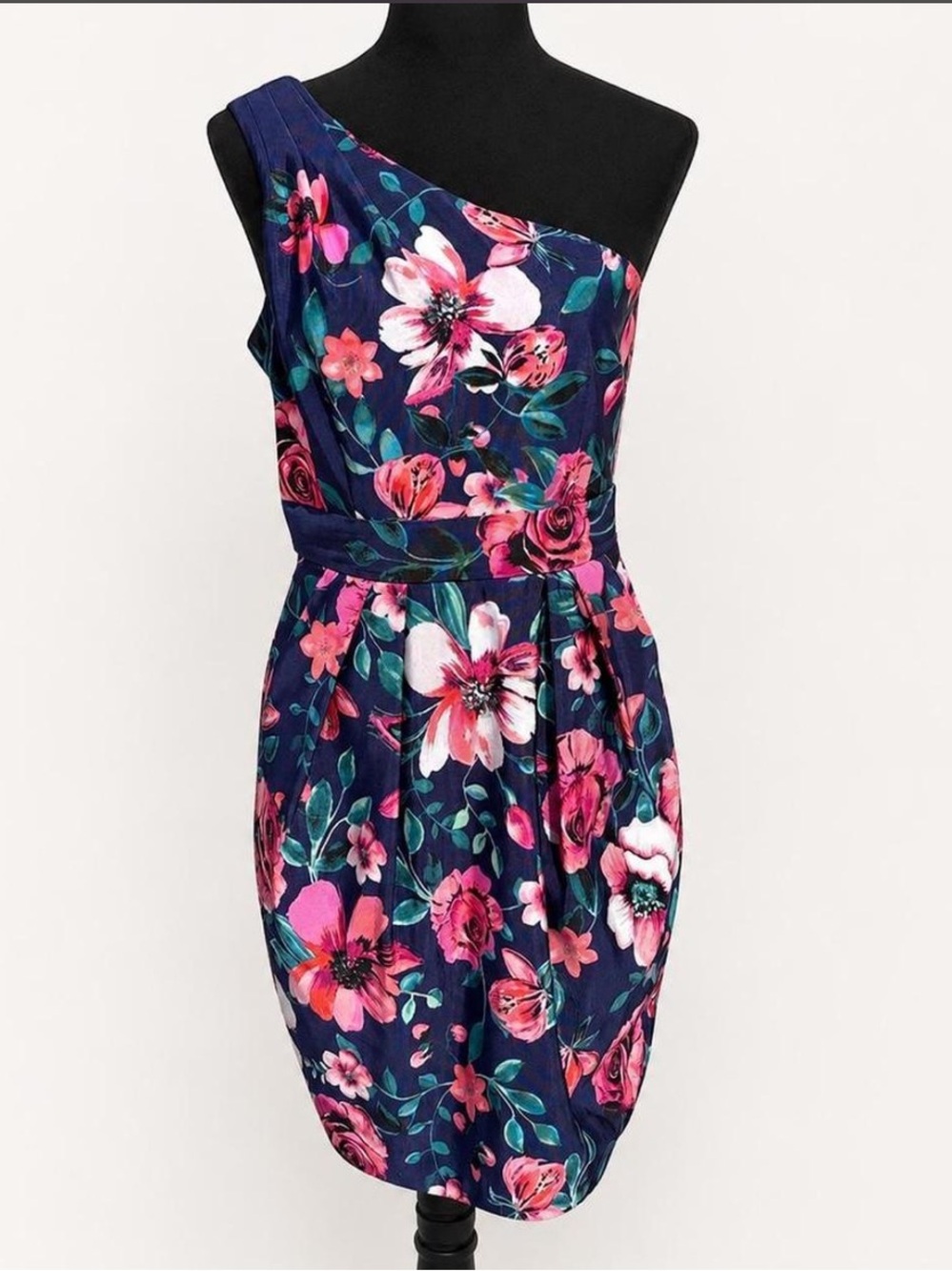 Eliza J Navy One-Shoulder Floral Dress with Pink Blooms - Picture 2 of 8
